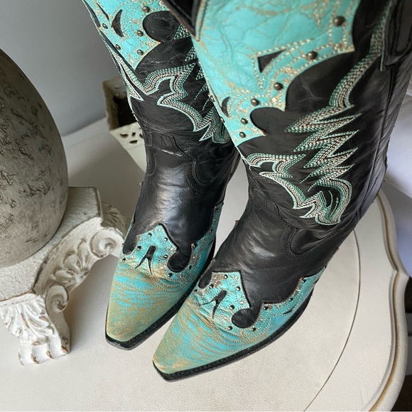 Dan Post Tia Snip Toe Leather Western Cowboy Boot US Womens‎ 8 Turquoise Black - Picture 10 of 13